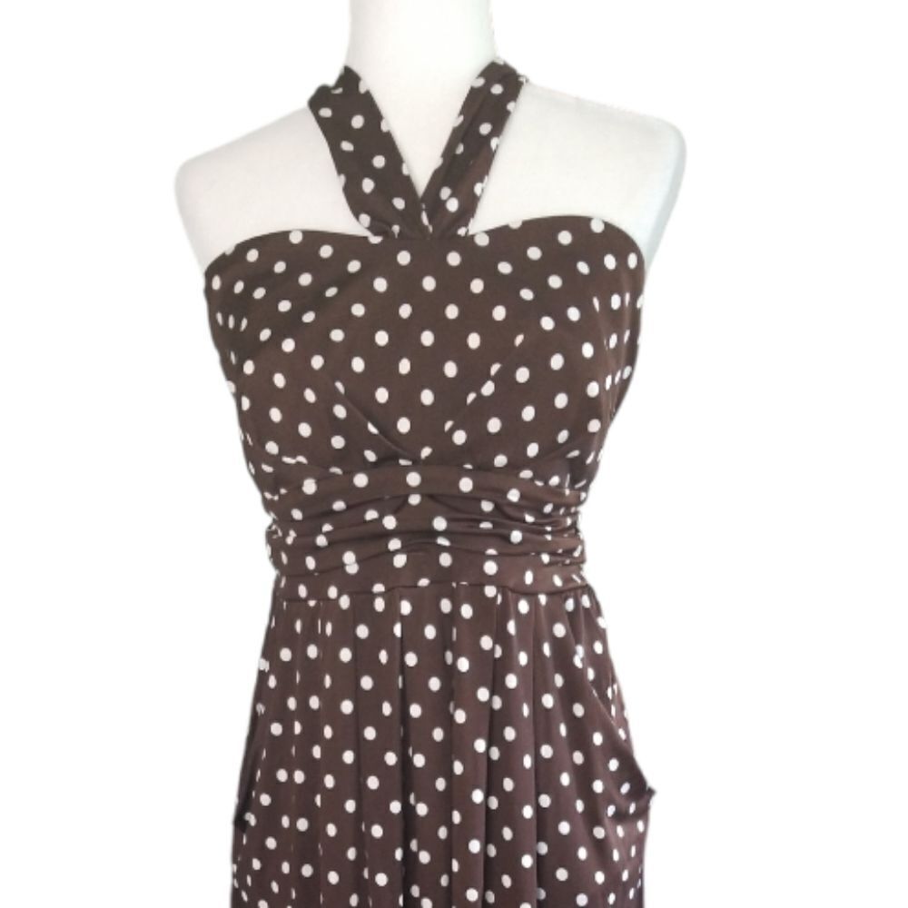 Paper Doll Halter Maxi Dresd Brown White Polka Dots Size 2X - Picture 3 of 9